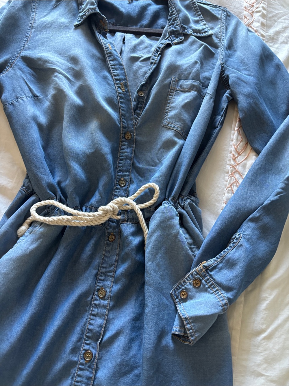 Splendid Light Blue Denim Shirt Dress with Drawstring